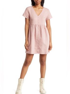 Madewell Alexandra Light Pink Linen Blend Button-Front Babydoll Mini Dress Sz M